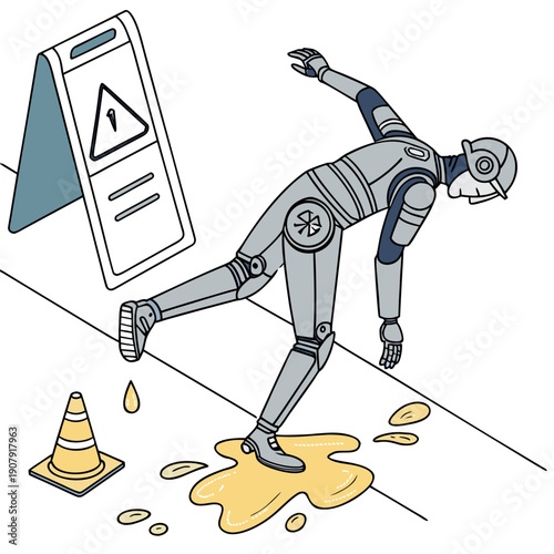 A humorous flat vector illustration of a clumsy robot slipping on spilled oil drops, depicting technology malfunction and workplace safety hazards.
