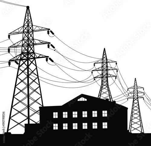 Black silhouette of high voltage power lines with electric transmission towers and industrial building isolated on white background for energy