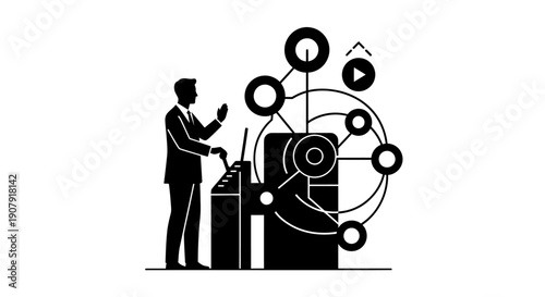 This illustration shows a professional interacting with a complex system of interconnected gears and icons, representing workflow optimization, system management, and technological integration. The im