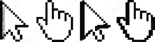 Computer mouse click cursor isolated on transparent. Cursor set in hand and arrow forms. Pixel cursor icon. Cursor icons set an arrow, arm flat and 3d style.