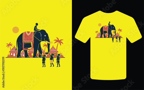 A vibrant yellow t shirt design featuring an illustrated elephant procession with a maharaja and tropical scenery