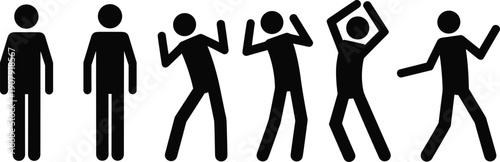 Black Stick Figure Icons Showing Evolution From Standing Still To Dancing And Celebrating In A Vector Silhouette Sequence For Design