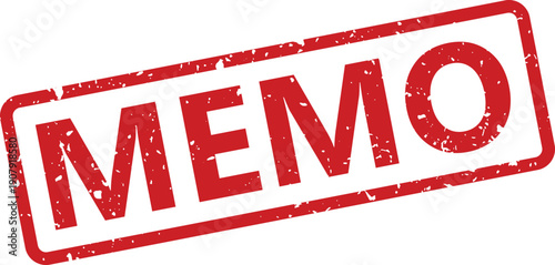 Vivid red rubber stamp featuring the word MEMO in bold letters diagonally across a clear white surface