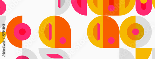 Geometric pattern features overlapping circles, squares. Orange, yellow, pink hues create playful design on white background. Simple shapes repeat.