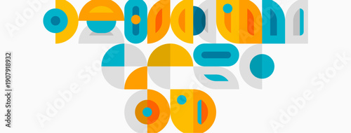 Abstract geometric shapes, vibrant colors, playful composition. Circles, rectangles, curves create modern design. Minimalist aesthetic.