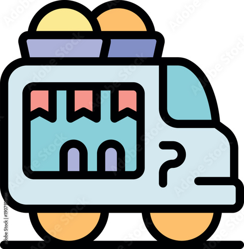 Cartoon ice cream truck selling ice cream and gelato, driving around the city on a summer day