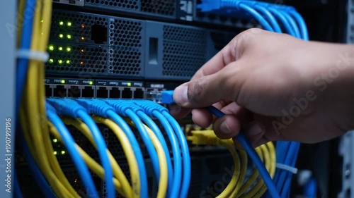 Network Cables Connected to Server Rack.