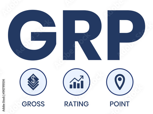 GRP, Gross Rating Point. Concept with keywords, people and icons. Flat vector illustration. Isolated on white background.