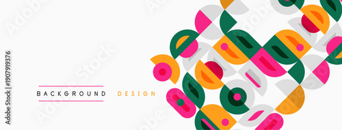 Abstract geometric shapes overlap, creating vibrant colorful background. Modern design elements suggest creativity, simplicity.
