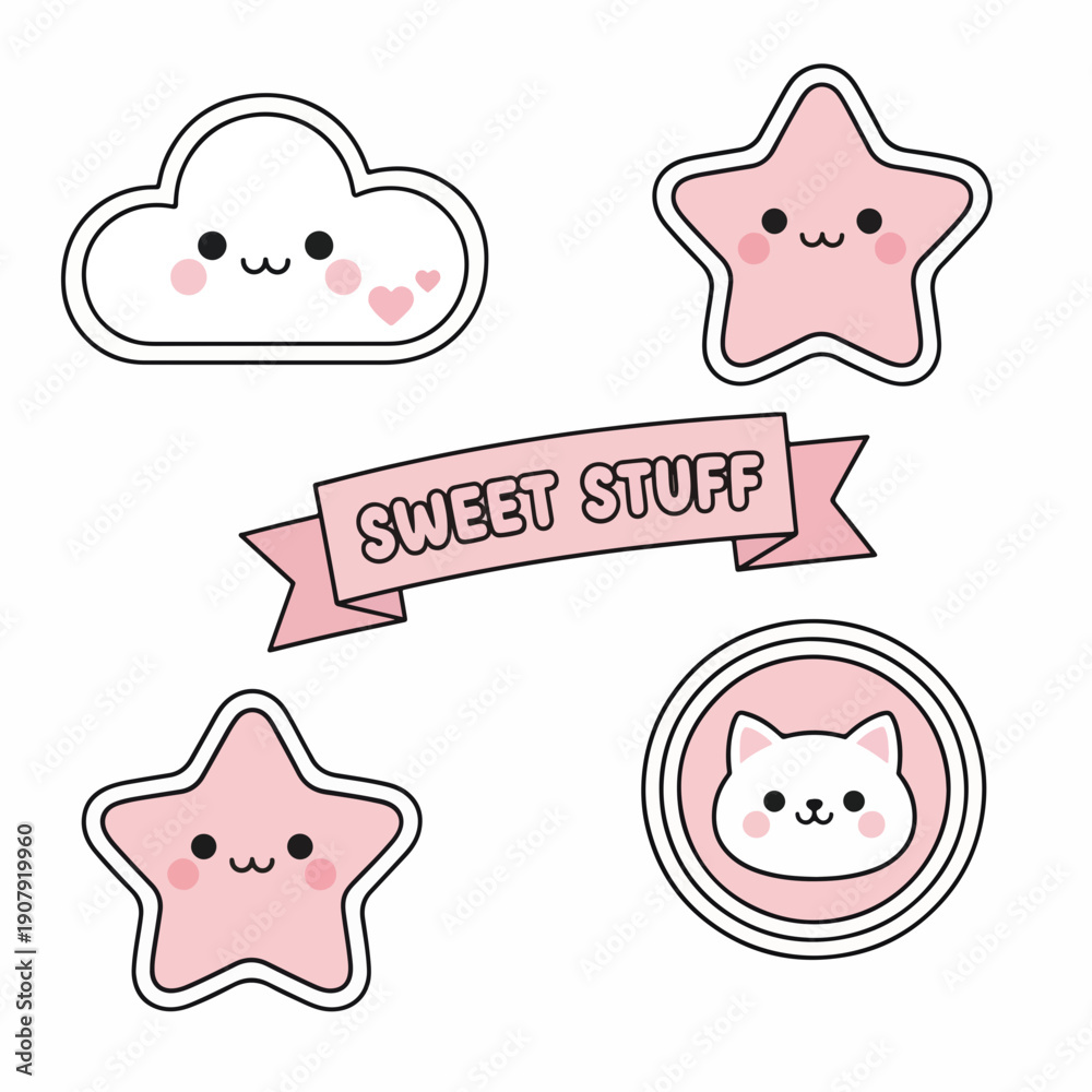 Fototapeta premium Cute cartoon stickers of stars, clouds, cat, and 
