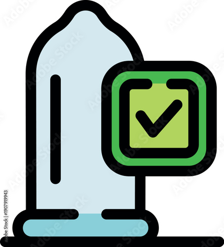 Illustrated condom with a green checkmark symbolizing protection