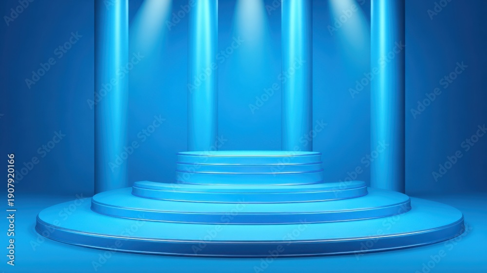 Obraz premium Empty blue stage with spotlights in modern minimalist setting.