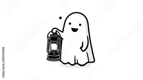 Cute cartoon ghost holds a lantern, smiling, with a star. Black and white illustration