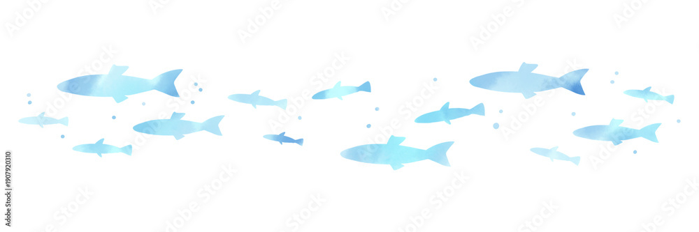 Fototapeta premium 水彩風の魚シルエットイラスト 涼しげな魚の群れを描いた背景素材