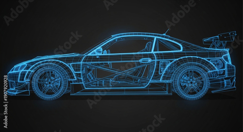 Futuristic Sports Car Wireframe Blueprint Design.