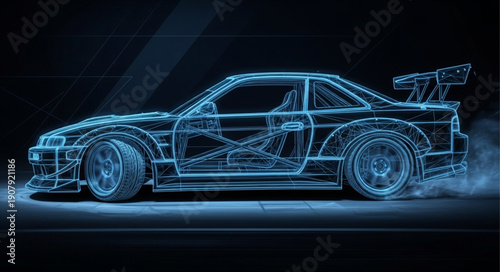 Futuristic Sports Car Wireframe Design Glowing Blue.