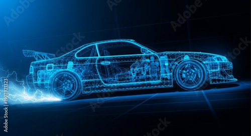 Futuristic Sports Car Wireframe Design Glowing Blue.