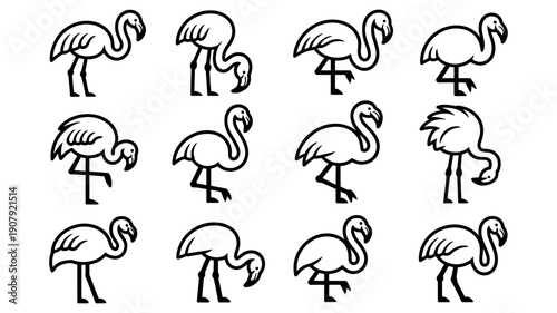 A set of twelve black and white line art flamingos in various standing and bending poses.