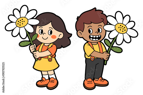 Two adorable diverse children, a boy and a girl, happily holding large white daisy flowers.