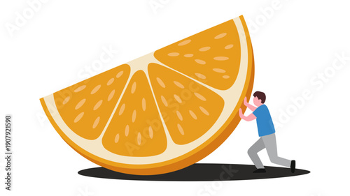 A small man struggles to push a massive slice of fresh orange fruit