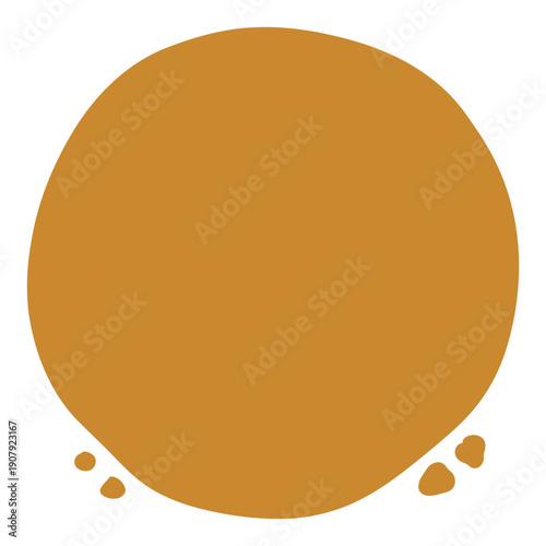 An abstract illustration of a large, irregular brown circle with small crumb-like dots at the bottom, resembling a cookie or a blob of dough.