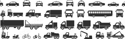 Collection of black vehicle icons including cars trucks buses and construction equipment Keywords: car icon, truck icon, bus