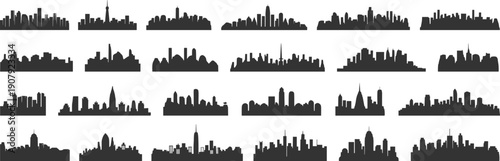 Collection of city skyline silhouettes in various architectural styles Keywords: city, skyline, silhouettes, urban, architecture