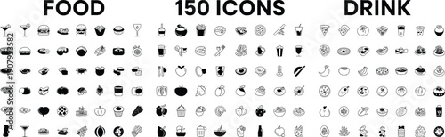 Extensive collection of 150 hand-drawn icons for food and drink items vector illustration