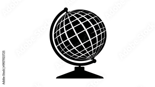 A simple, black-and-white illustration of a globe on a stand. Its lines create a spherical shape