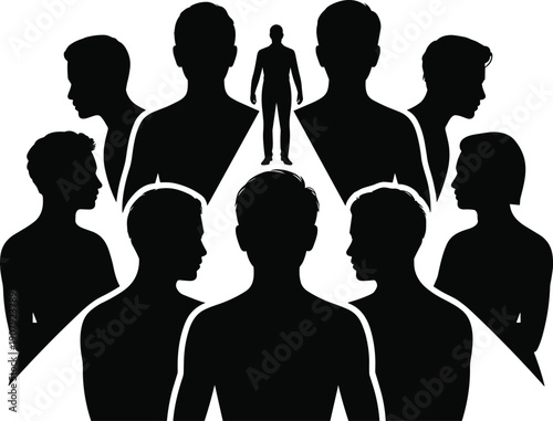 Silhouette of a central figure surrounded by other figures on white background Keywords: silhouette, people, group, surrounded