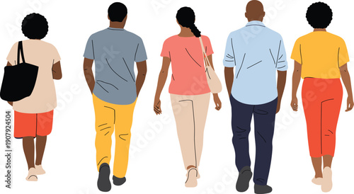 Diverse people walking from behind, rear view group illustration, casual urban crowd, multicultural society concept, isolated vector