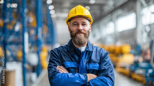 Bearded engineer smiling crossing arms in industrial factory