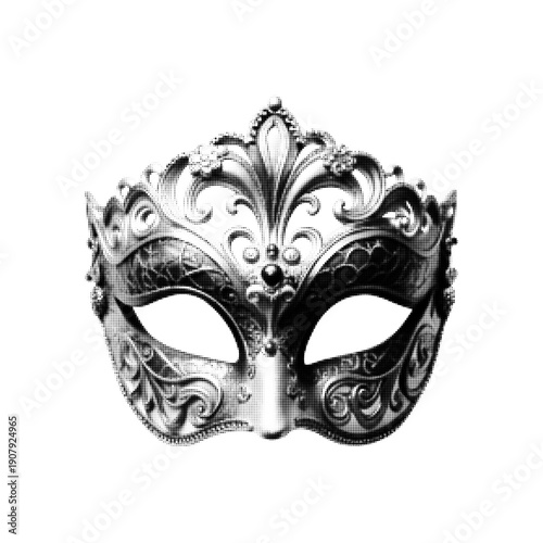 Black and white ornate masquerade mask illustration in halftone style. Elegant Venetian carnival mask with decorative patterns for festival, mystery, theater, costume design, and graphic art.