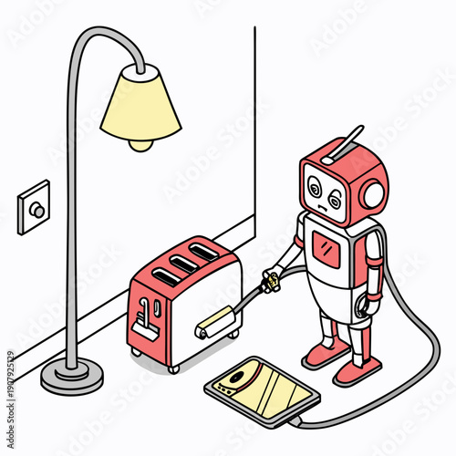 Robot attempts to charge incorrect electronic devices, flat vector art. Humorous illustration of automation error and AI misunderstanding.