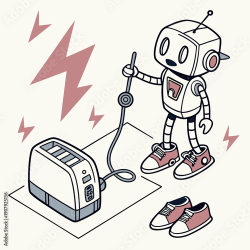 A robot tries to charge incorrect electronic devices, flat vector illustration. Funny concept of AI and automation mishaps.