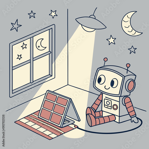 A friendly robot charges using a solar panel indoors at night, flat vector art. Concept of sustainable energy and eco-friendly technology.