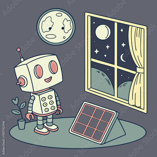 A robot charging with a solar panel indoors at night, flat vector illustration. Sustainable and futuristic home technology concept.