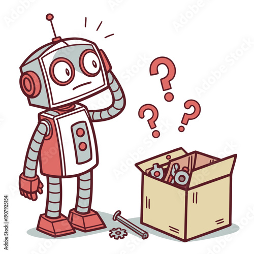 A robot is confused by a box of random spare parts, playful vector illustration. Symbolizing AI's learning process and mechanical challenges.