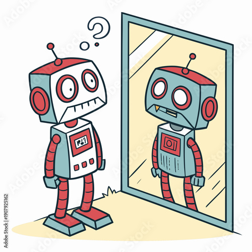 A robot looks confused by its mirror reflection in a playful vector illustration. Exploring AI consciousness and future technology concepts.
