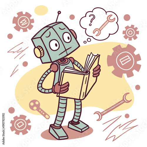 A robot is confused by a tangled instruction manual, playful vector illustration. Symbolizing the challenges of AI learning and complex systems.