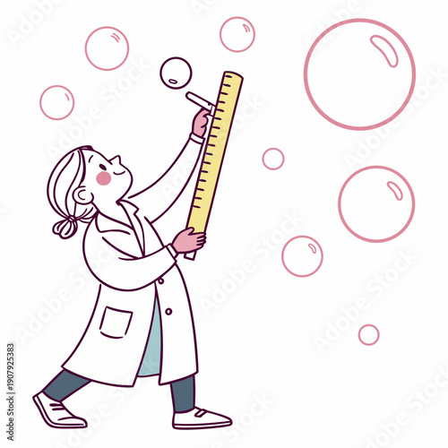 Cute scientist measures air with a ruler in a charming vector illustration, embodying curiosity and the precise measurement of invisible elements in science.
