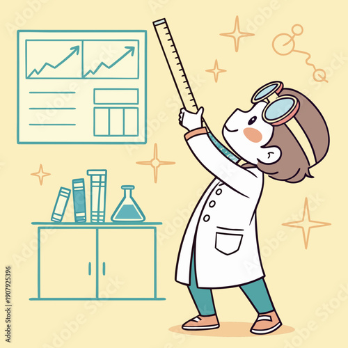 A cute scientist measures light with a ruler in a whimsical vector illustration, symbolizing the creative approach to quantifying scientific concepts like energy.