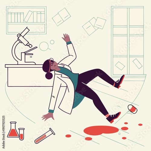 Scientist slipping on spilled test tubes in lab, flat vector illustration of a messy accident