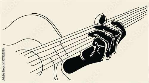 A black and white line art illustration depicts fingers on strings, composing music