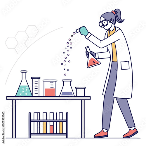 Whimsical scientist spills sparkling, glittery chemicals safely in a fun, creative laboratory experiment. Vector illustration for imagination.