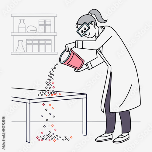 A scientist playfully spills safe, glittery chemicals in a vibrant, stylized lab experiment. Vector illustration for innovative ideas.