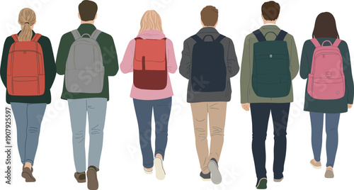 People walking with backpacks back view illustration, students commuters carrying school bags, education travel lifestyle concept, flat vector, isolated white background