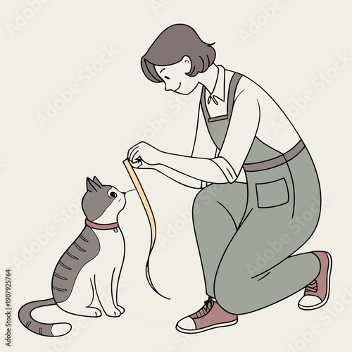 Serious tailor intently measuring a cat with a tape measure in this clean vector artwork, a humorous juxtaposition of professional work and a whimsical, domestic subject.