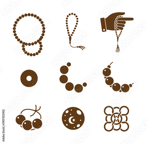 Brown icons of various prayer beads and other objects on white background