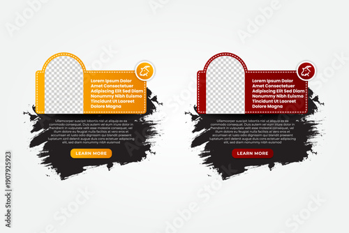2 hand drawn text boxes. Step by step instruction.Template with grunge frames for text and infographic. photo space data visualization and icon on left side. Design for presentation, print templat
